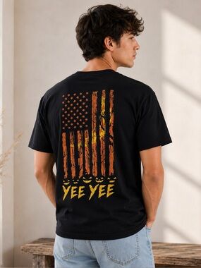 Yee Yee Halloween Flag T-Shirt Men’s Medium Black Orange Graphic Tee USA Western